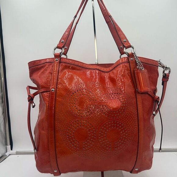 Coach Handbags - Coach AUDREY OP ART CORAL Peach Patent Leather Tote Shoulder/.Crossbody Bag BOTH